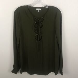 Tobi Army Green Lace Up Sheer Long Sleeve Blouse Small Whimsigoth Boho Top